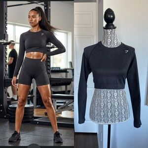 New Gymshark Large Adapt Fleck Seamless Long Sleeve Crop Top Shirt. Black Fleck.